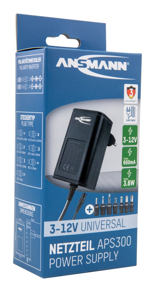5111233 Ansmann 3.6 W AC/DC Adapter AC/DC Adapter Type C 3V dc Output, 600 mA