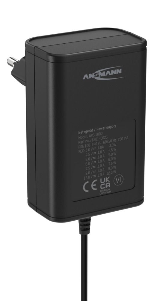 5111243 Ansmann 12 W AC/DC Adapter AC/DC Adapter Type C 12V dc, 3 V dc, 4.5 V dc, 5 V dc, 6 V dc, 7.5 V dc, 9 V dc Output, 1 A