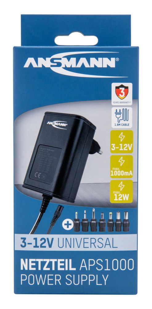 5111243 Ansmann 12 W AC/DC Adapter AC/DC Adapter Type C 12V dc, 3 V dc, 4.5 V dc, 5 V dc, 6 V dc, 7.5 V dc, 9 V dc Output, 1 A