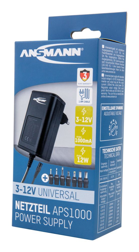 5111243 Ansmann 12 W AC/DC Adapter AC/DC Adapter Type C 12V dc, 3 V dc, 4.5 V dc, 5 V dc, 6 V dc, 7.5 V dc, 9 V dc Output, 1 A