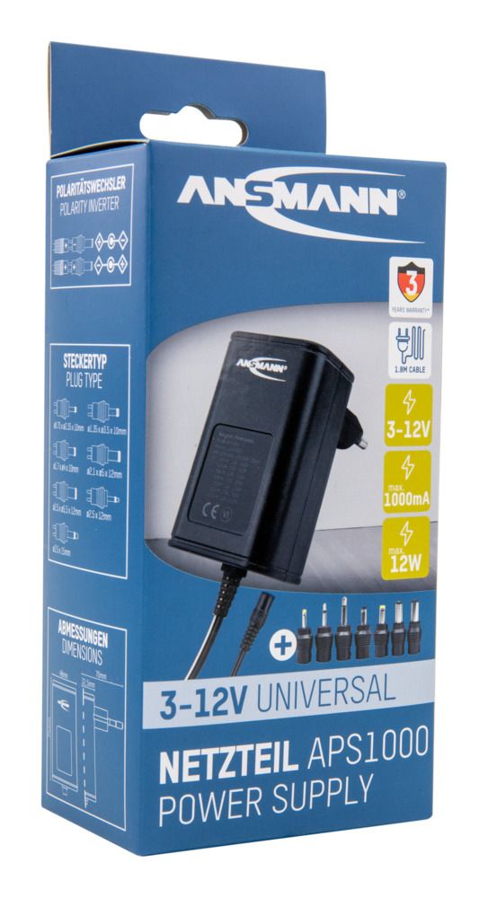 5111243 Ansmann 12 W AC/DC Adapter AC/DC Adapter Type C 12V dc, 3 V dc, 4.5 V dc, 5 V dc, 6 V dc, 7.5 V dc, 9 V dc Output, 1 A