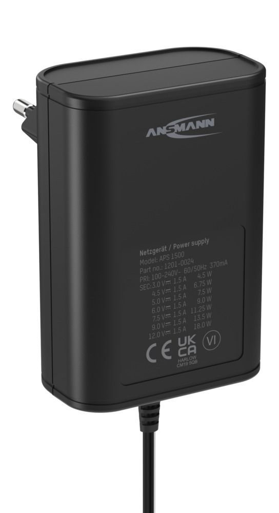 5111253 Ansmann 18 W AC/DC Adapter AC/DC Adapter Type C 12V dc, 3 V dc, 4.5 V dc, 5 V dc, 6 V dc, 7.5 V dc, 9 V dc Output, 1.5 A