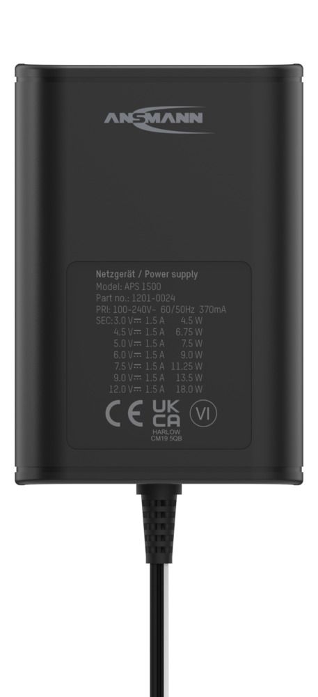 5111253 Ansmann 18 W AC/DC Adapter AC/DC Adapter Type C 12V dc, 3 V dc, 4.5 V dc, 5 V dc, 6 V dc, 7.5 V dc, 9 V dc Output, 1.5 A