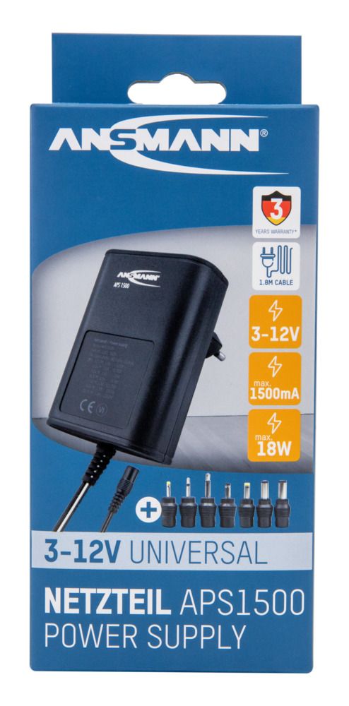 5111253 Ansmann 18 W AC/DC Adapter AC/DC Adapter Type C 12V dc, 3 V dc, 4.5 V dc, 5 V dc, 6 V dc, 7.5 V dc, 9 V dc Output, 1.5 A