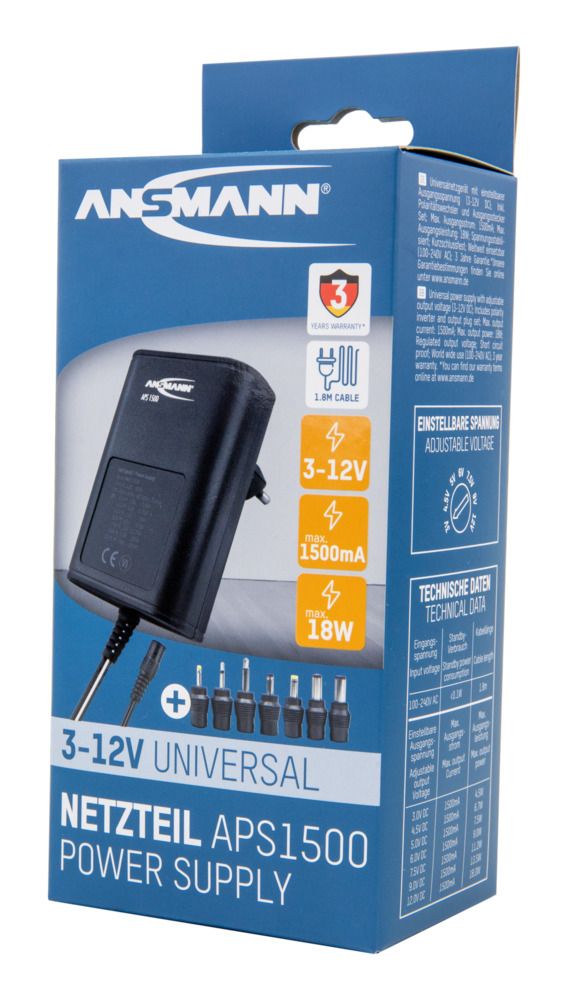 5111253 Ansmann 18 W AC/DC Adapter AC/DC Adapter Type C 12V dc, 3 V dc, 4.5 V dc, 5 V dc, 6 V dc, 7.5 V dc, 9 V dc Output, 1.5 A