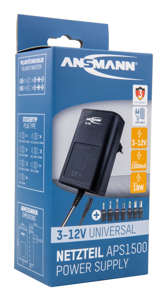 5111253 Ansmann 18 W AC/DC Adapter AC/DC Adapter Type C 12V dc, 3 V dc, 4.5 V dc, 5 V dc, 6 V dc, 7.5 V dc, 9 V dc Output, 1.5 A