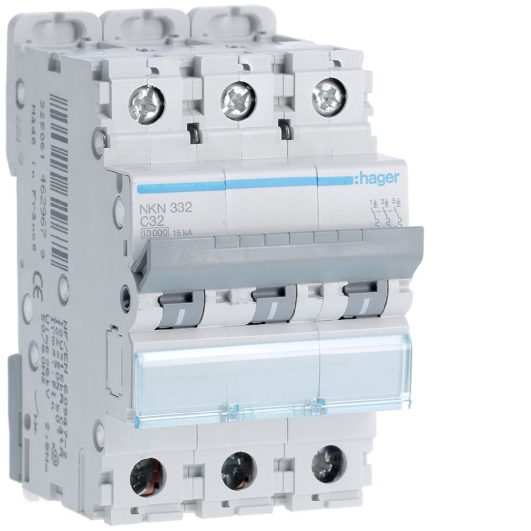 Hager Hager NKN Circuit Breaker, 3P, 32A Curve C, 400V AC, 15 kA Breaking Capacity