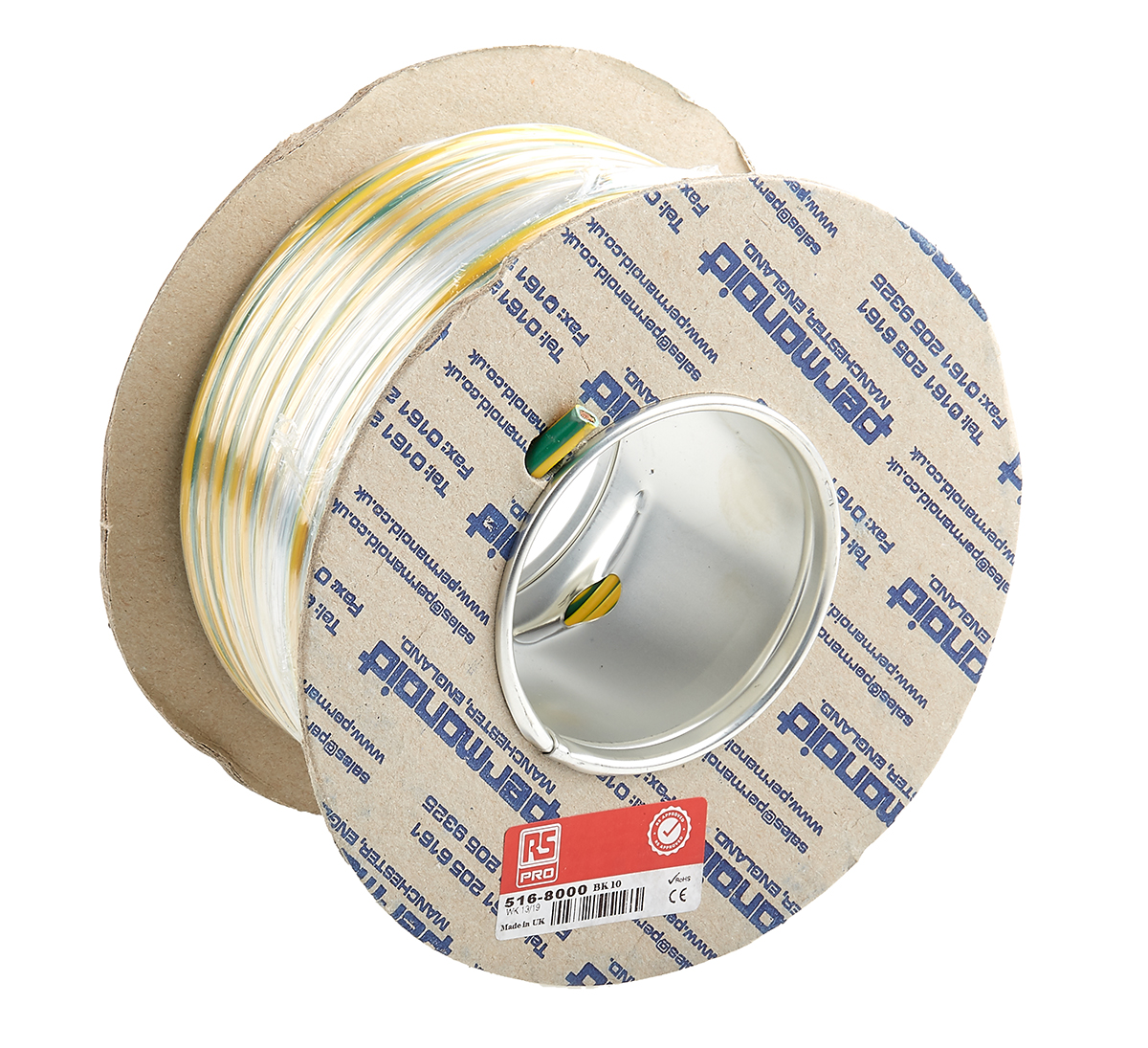 516-8000 RS PRO FLEXIBLE BK Series Green, Yellow 10 mm² Hook Up Wire, 7 AWG, 80, 25 m, Polyvinyl Chloride