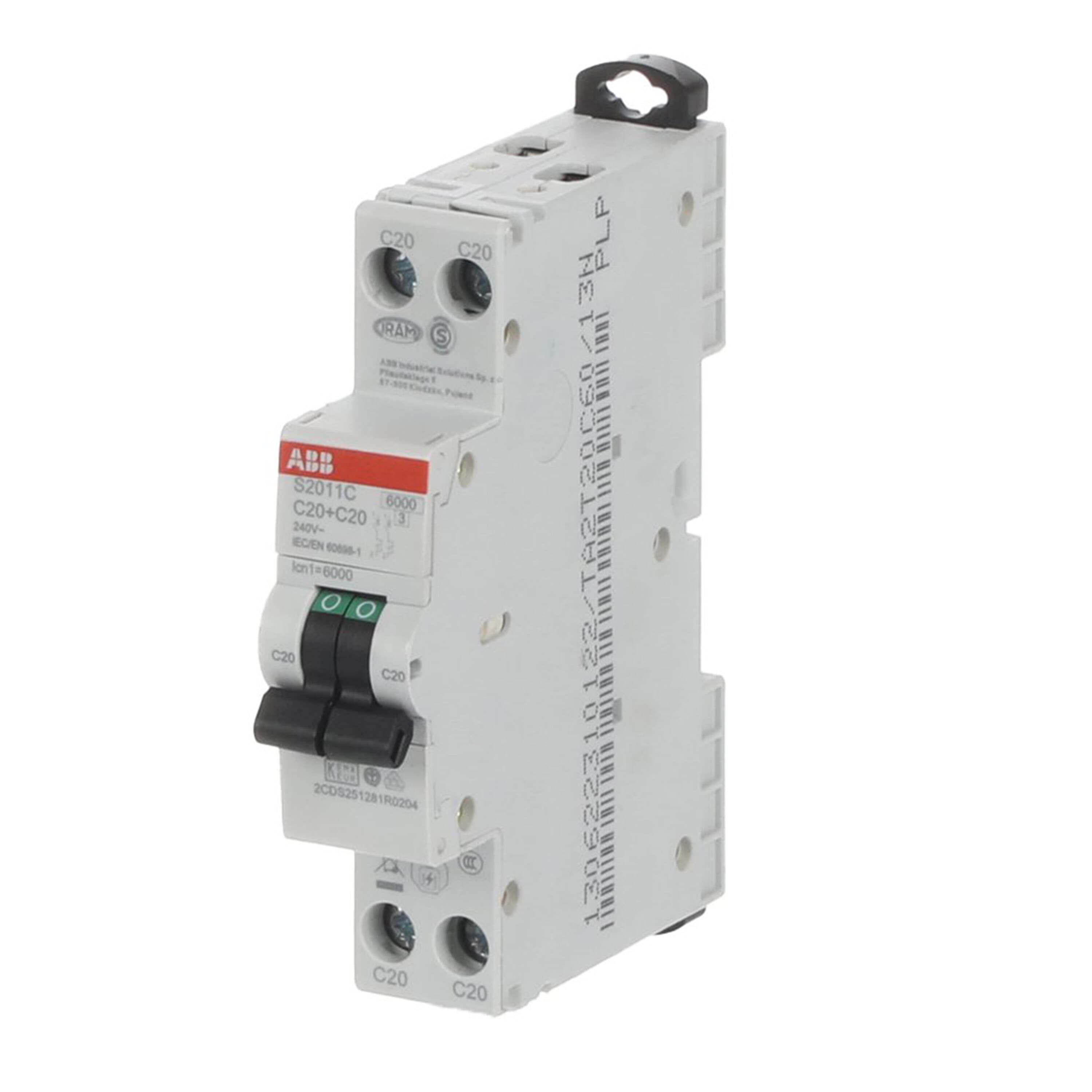 ABB S200C MCB, 2P, 20A Curve C, 240V AC, 6 kA Breaking Capacity