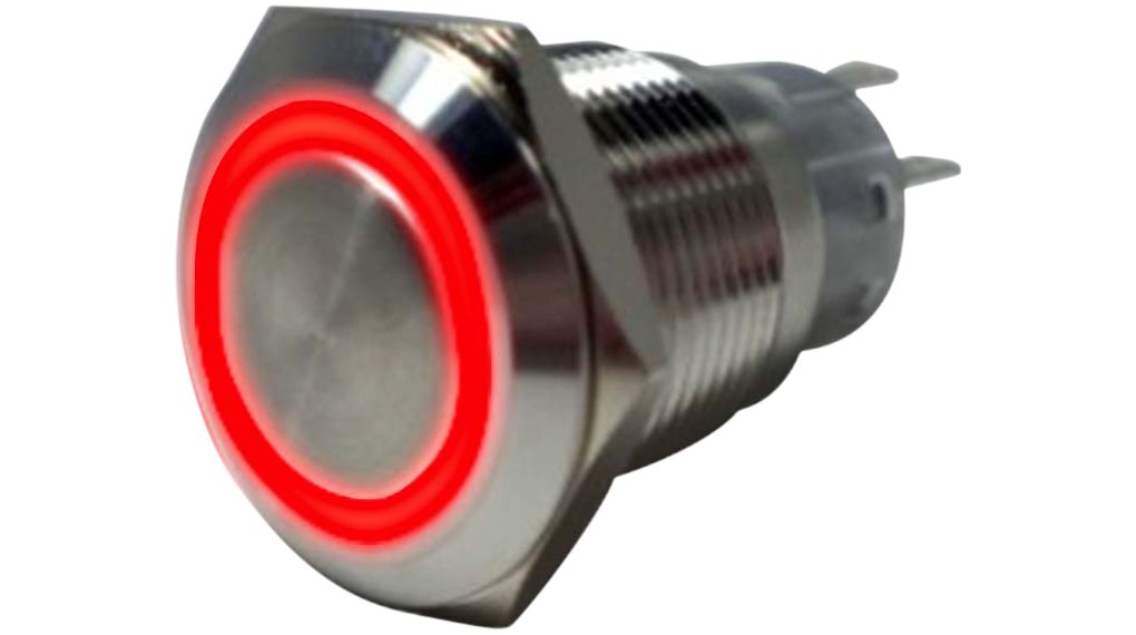 RND RND 210 Series Illuminated Vandal Proof Push Button Switch, Latching, Panel Mount, 19mm Cutout, 1NC, 1NO, Red LED,