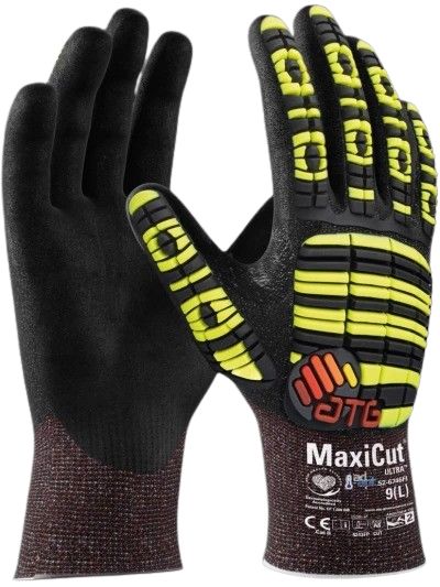 ATG MaxiCut Ultra Black, Yellow Nylon, Polyester, Spandex, Tungsten, UHMWPE Work Gloves, Size 9, NBR Coating