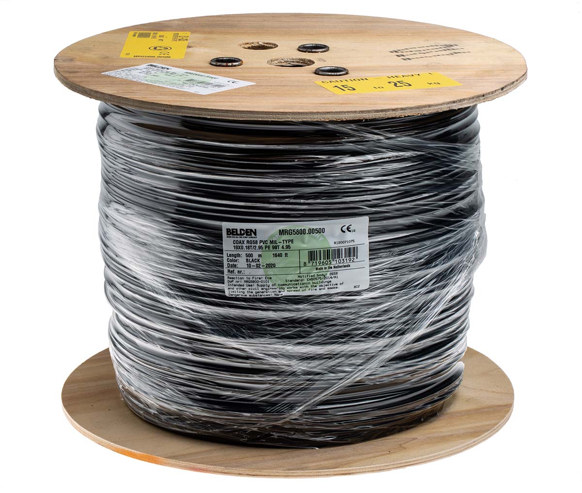 521-8335 Belden MRG5800 Series, 500 m, RG58 Coaxial Coaxial Cable 50 Ω, Black, Unterminated