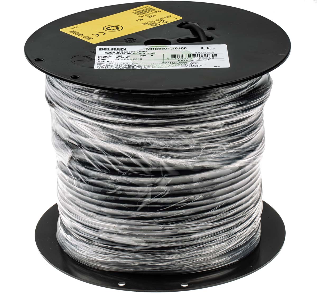 521-8436 Belden MRG5801 Series, 500 m, RG58 Coaxial Coaxial Cable 50 Ω, Black, Unterminated