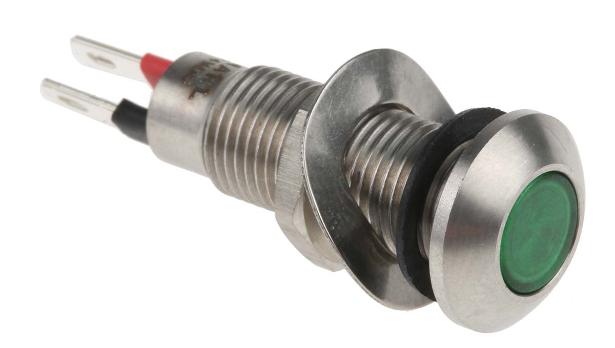 Marl 524 Series Panel Mount LED Indicator, Green Panel Mount Indicator, Solder Tab Termination 28V dc 20 mA, IP67, 8.1