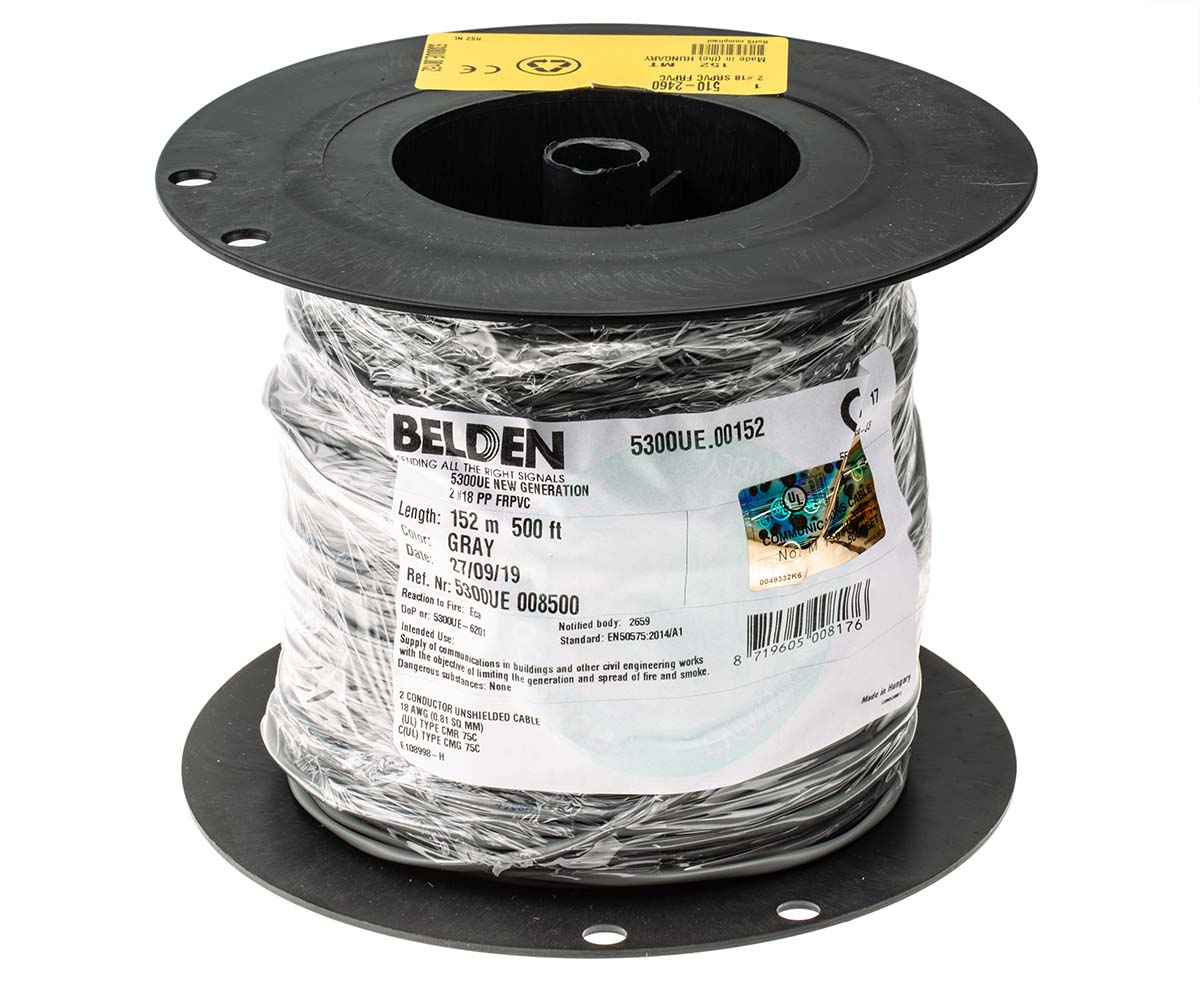 5300ue00152 Belden 5300UE Control Cable, 2 Cores, 0.82mm² 18 AWG, Unscreened, 152 m, Silver Polypropylene Sheath