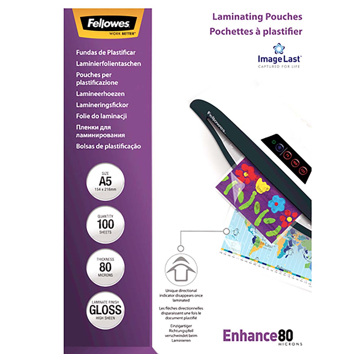 5306002 Fellowes A5 Gloss Laminator Pouch 80 μm Thickness, 100 Per Pack Pack Quantity