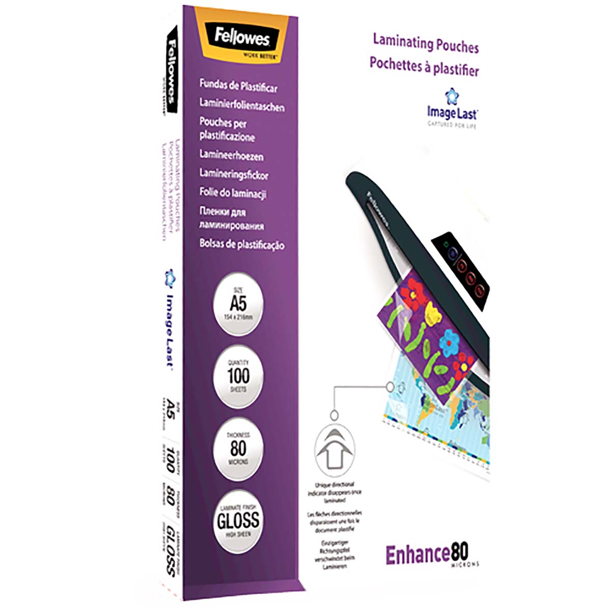 5306002 Fellowes A5 Gloss Laminator Pouch 80 μm Thickness, 100 Per Pack Pack Quantity