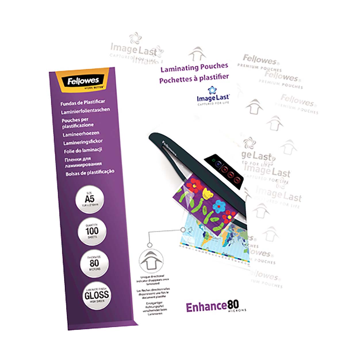 5306002 Fellowes A5 Gloss Laminator Pouch 80 μm Thickness, 100 Per Pack Pack Quantity