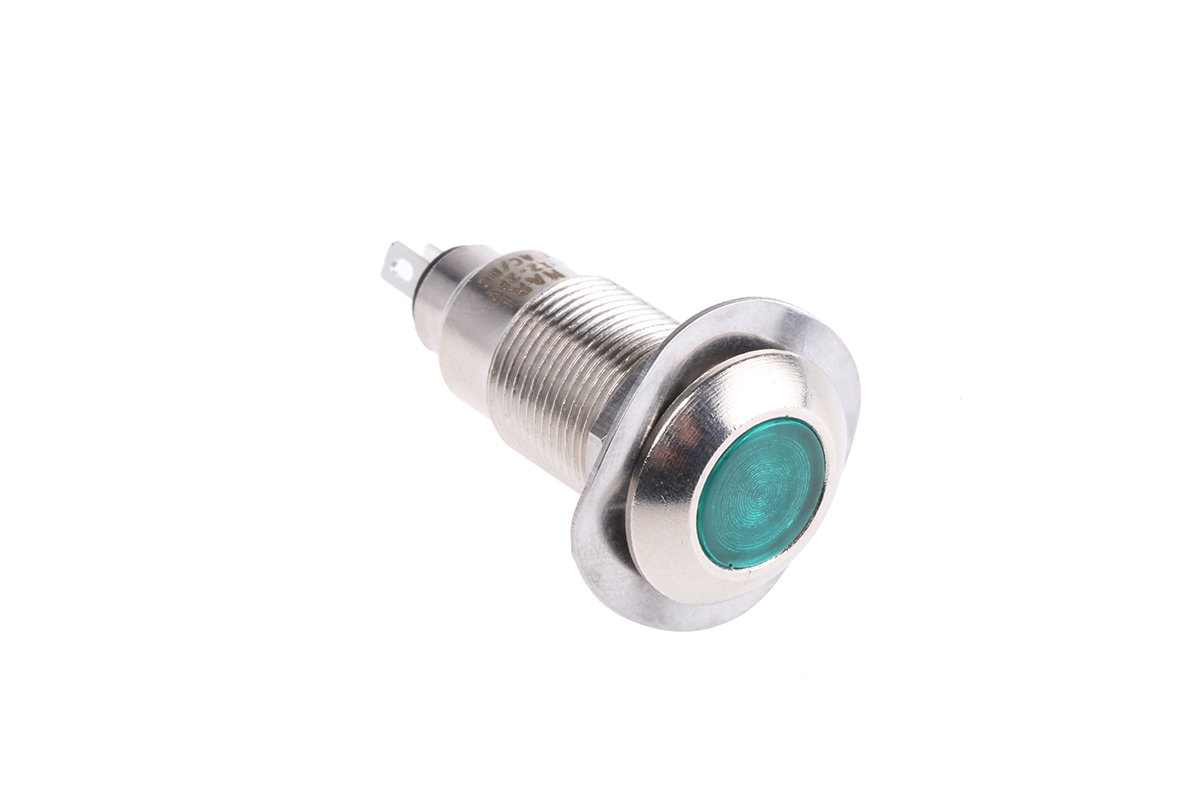 Marl 531 Series Panel Mount LED Indicator, Green Panel Mount Indicator, Solder Tab Termination 28V dc 16 mA, IP67, 12.7