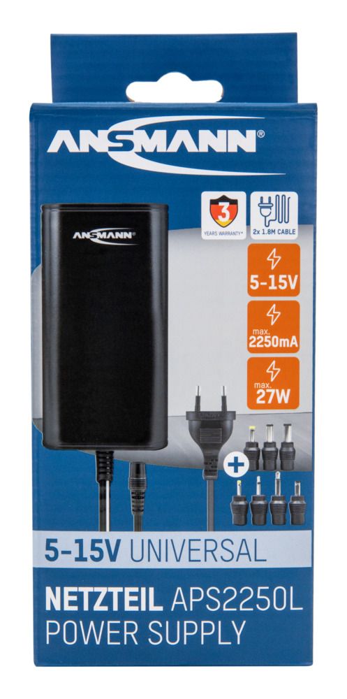 5311133-uk Ansmann 27 W AC-DC Converter Power Supplies AC/DC Adapter 2-Pin (EU), 3-Pin (Global) 12V dc, 13.5 V dc, 15 V dc, 5 V dc,