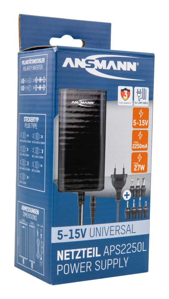 5311133-uk Ansmann 27 W AC-DC Converter Power Supplies AC/DC Adapter 2-Pin (EU), 3-Pin (Global) 12V dc, 13.5 V dc, 15 V dc, 5 V dc,