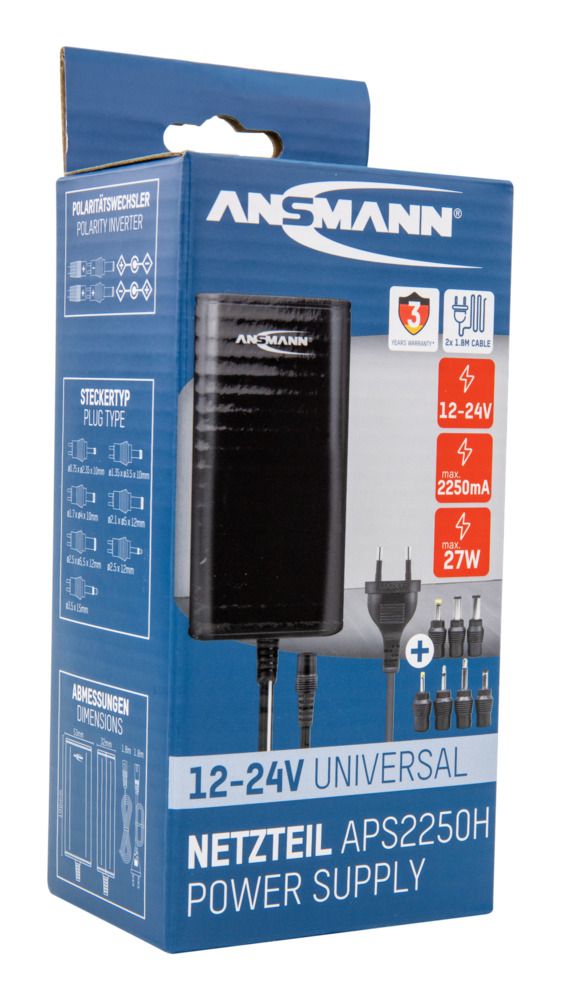 5311143-uk Ansmann 27 W AC-DC Converter Power Supplies AC/DC Adapter 2-Pin (EU), 3-Pin (Global) 12V dc, 15 V dc, 18 V dc, 19 V dc,