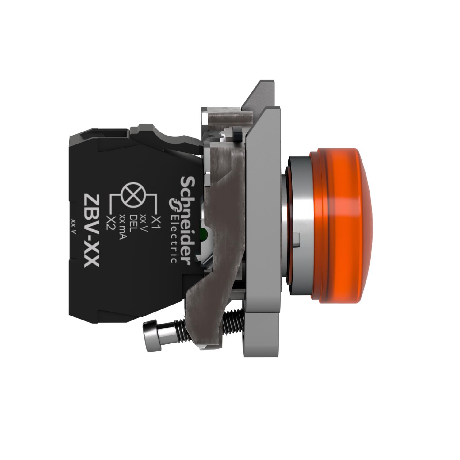 xb4bvb5 Schneider Electric Harmony XB4 Orange LED Pilot Light, 22mm Cutout, IP66, IP67, IP69, IP69K, 24 V ac/dc