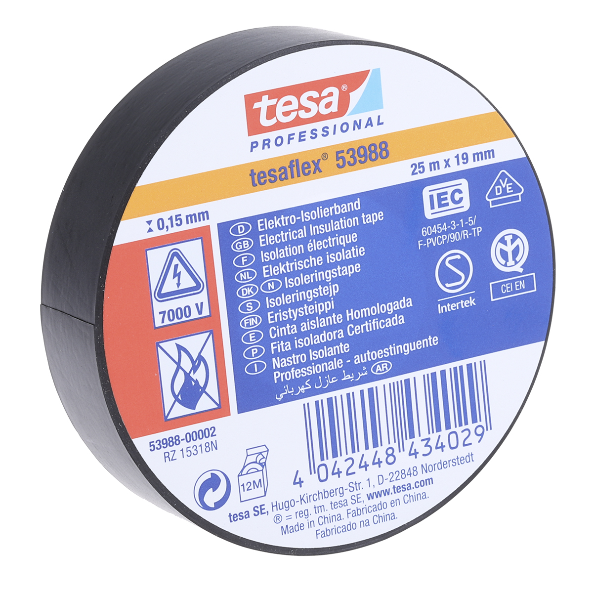 Tesa Tesa 53988 Black Polyvinyl Chloride Electrical Tape, 19mm x 25 m