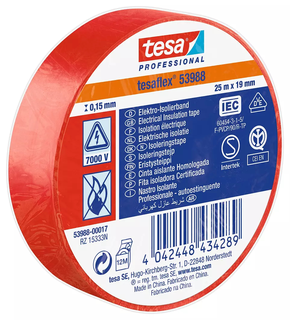Tesa Tesa 53988 Red Polyvinyl Chloride Electrical Tape, 19mm x 25 m