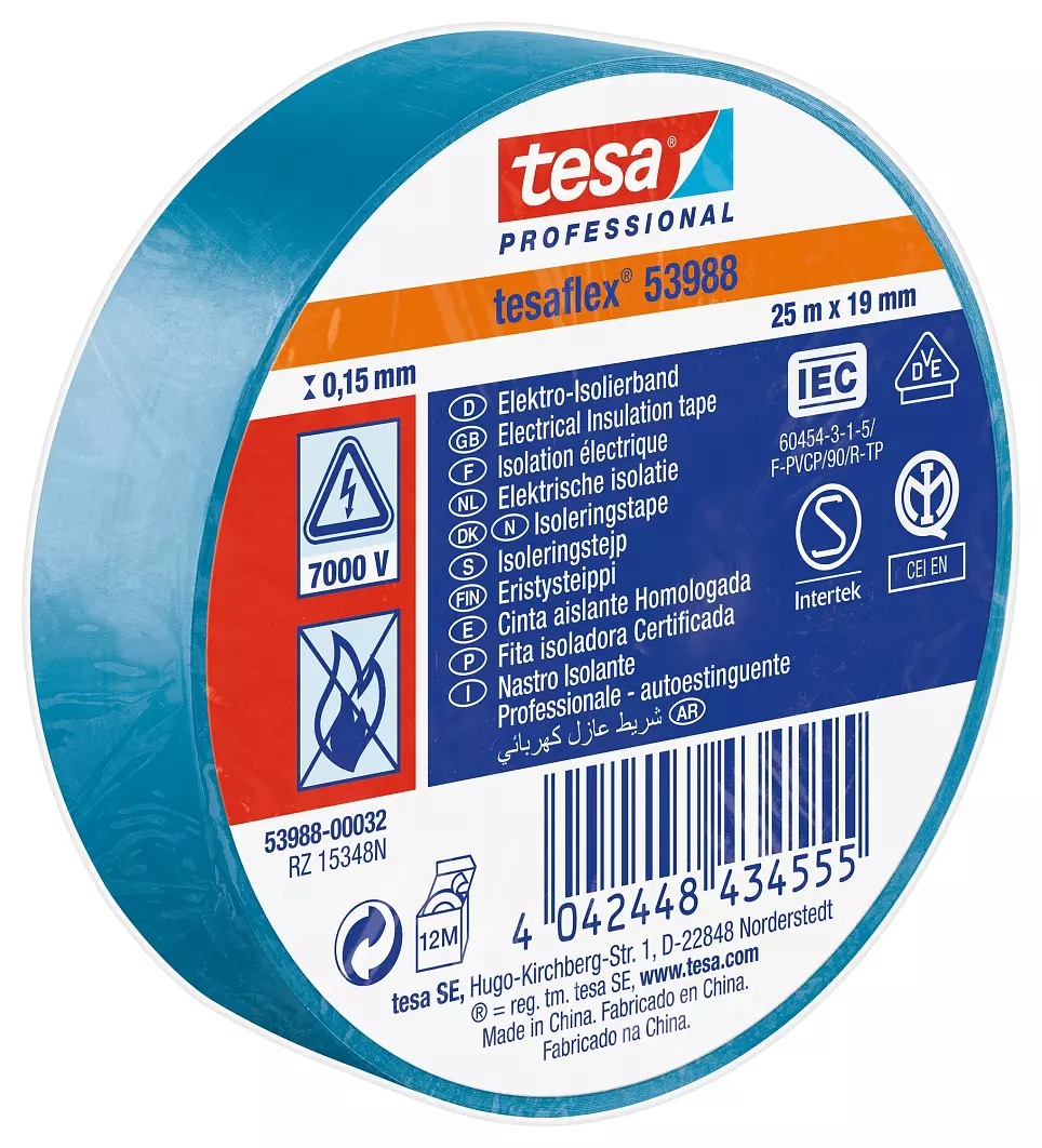Tesa Tesa 53988 Blue Polyvinyl Chloride Electrical Tape, 19mm x 25 m