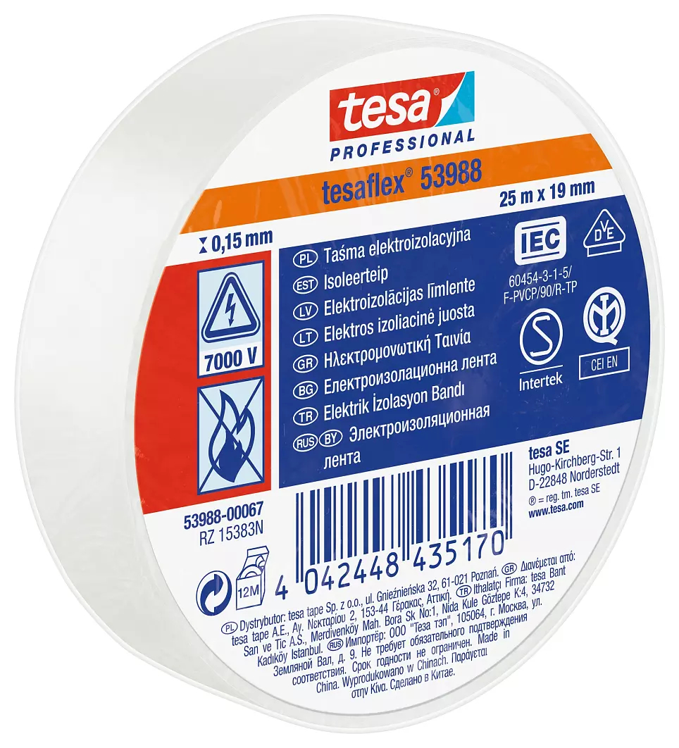 Tesa Tesa 53988 White Polyvinyl Chloride Electrical Tape, 19mm x 25 m