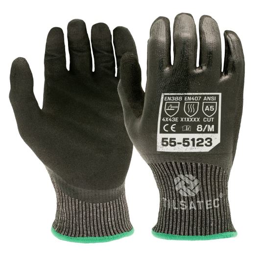 Tilsatec 55-5123 Black, Grey HPPE, Polyamide, Polyethylene Terephthalate, Spandex, Steel Glove, Size 7, Nitrile Coating