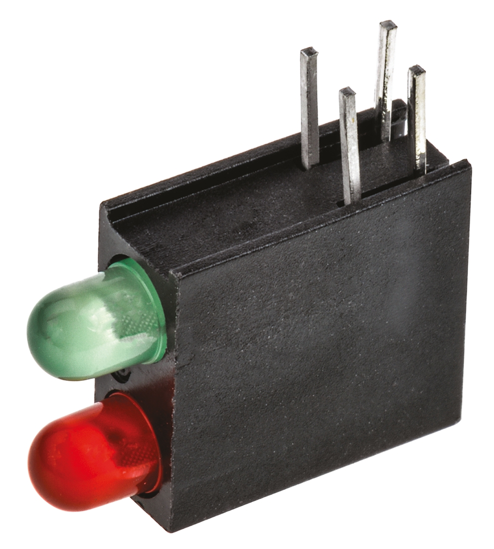 Dialight Red, Green Right Angle PCB LED Indicator, 2 LEDs 5 mm (T-1 3/4) 2.8 V