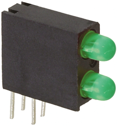 553-0222f Dialight Green Right Angle PCB LED Indicator, 2 LEDs 5 mm (T-1 3/4) 2.2 V