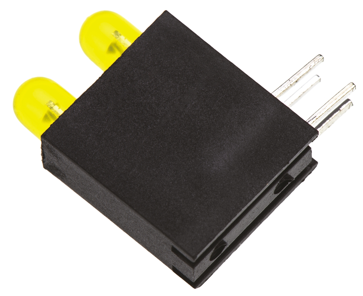 553-0233-200f Dialight 553-0233-200F Yellow Right Angle PCB LED Indicator, 2 LEDs 5 mm (T-1 3/4) 2.4 V