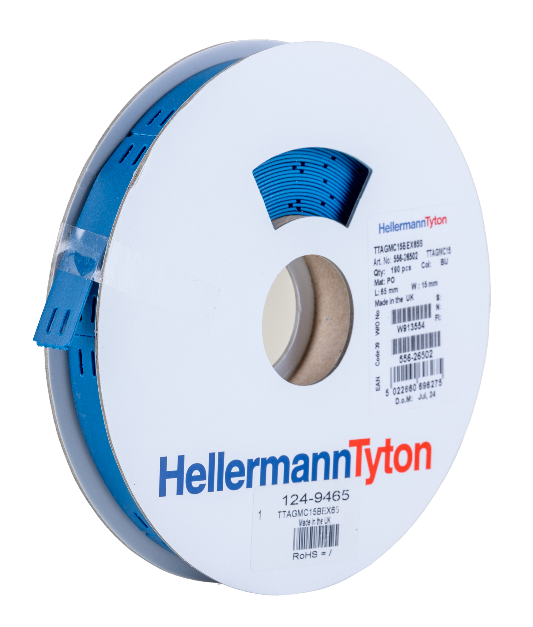 HellermannTyton Blue White Print Cable Labels, 65 mm Width, 190 Per Pack Qty, 65 mm