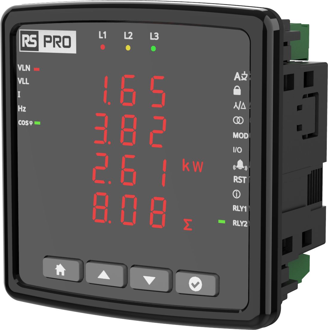 RS PRO EMM-04 LCD Digital Panel Multifunction Meter for Voltage, Power Factor, Current, Frequency,  92 mm  x 92 mm