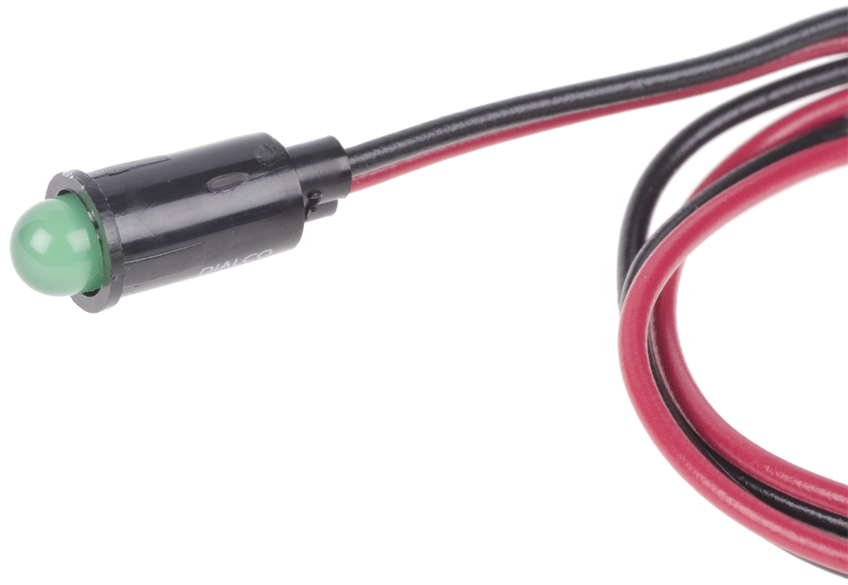 559-5201-007f Dialight 559 Series, Green Panel Mount Indicator, Lead Wire Termination 2.2V, 6.4 mm