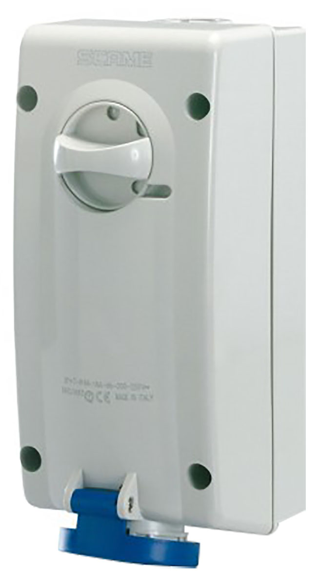 Scame Straight Switchable IP44 Industrial Interlock Socket 2+E, Earthing Position 6h, 16A, 250V