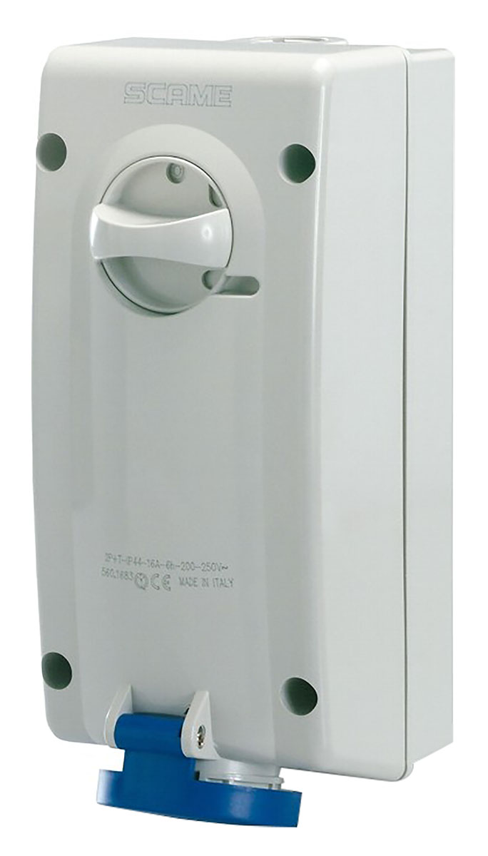 Scame Straight Switchable IP44 Industrial Interlock Socket 2+E, Earthing Position 6h, 32A, 250V