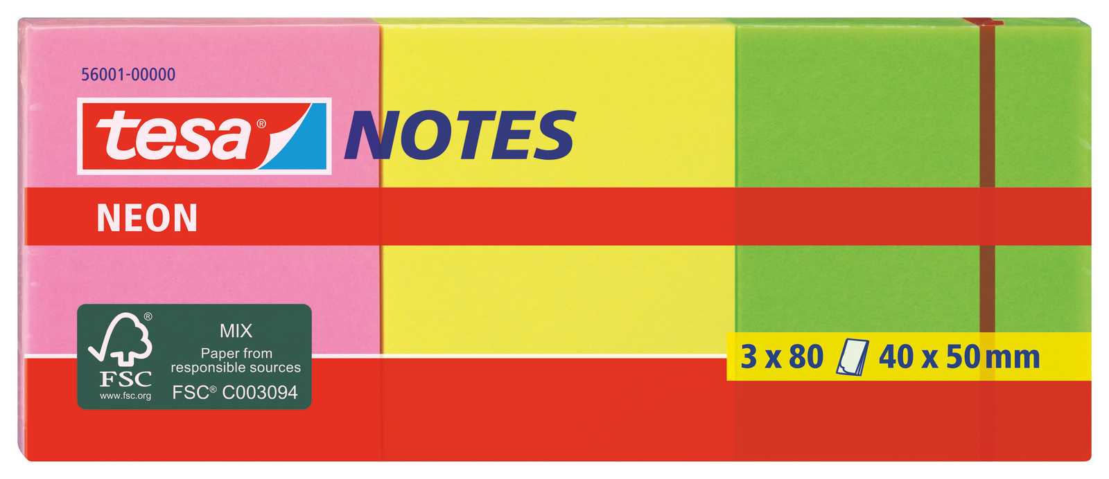 Tesa Orange, Yellow, Pink, Green Sticky Note, 80 Notes per Pad, 50 mm x 40 mm