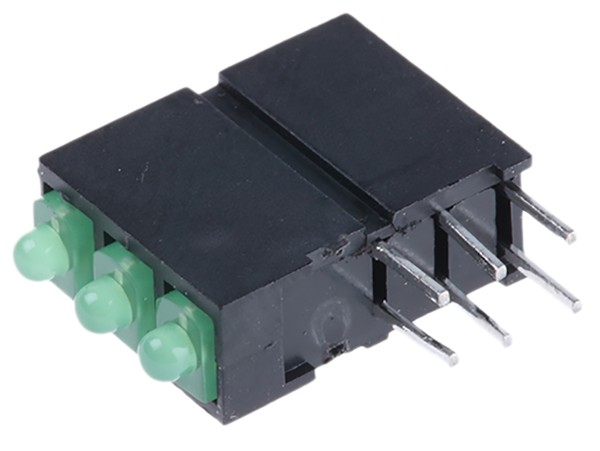 Dialight Green Right Angle PCB LED Indicator, 3 LEDs 5 mm (T-1 3/4) 2.5 V