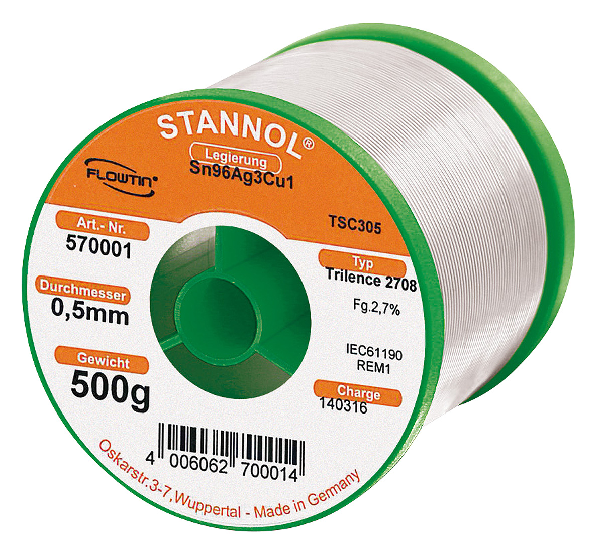 Stannol Wire, 0.5 mm Lead Free Solder, 217 °C Melting Point