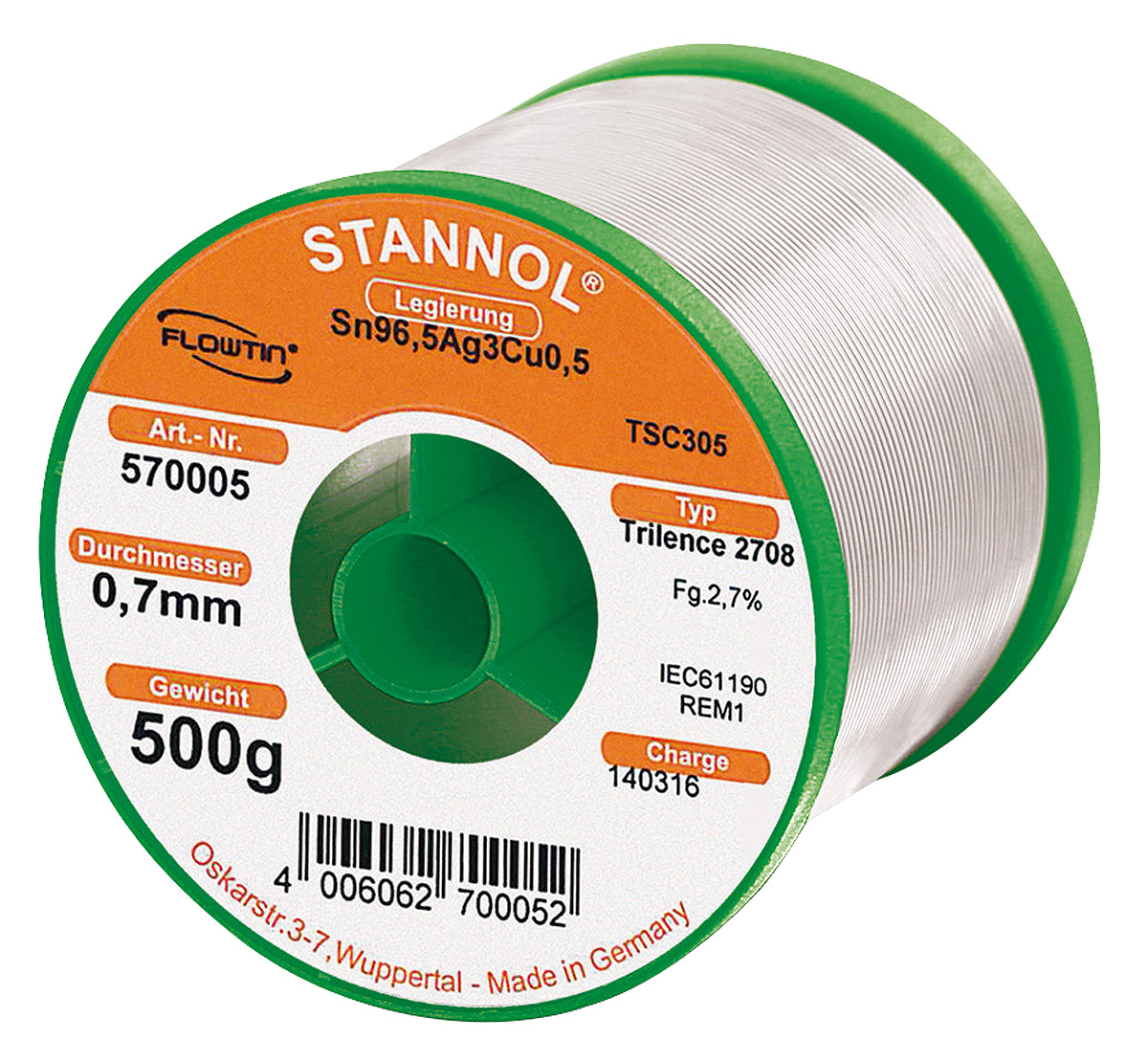 Stannol Wire, 0.7 mm Lead Free Solder, 217 °C Melting Point