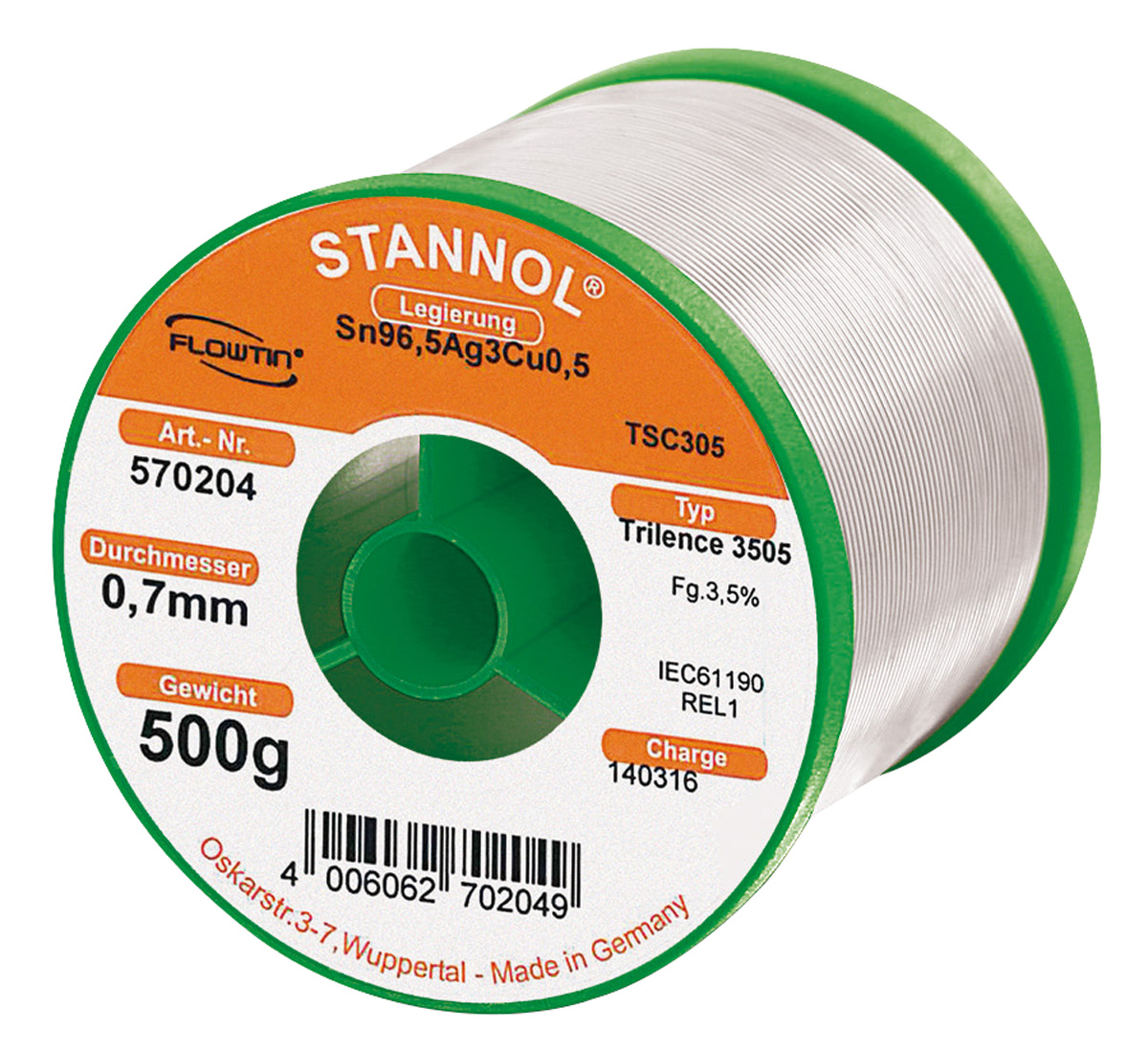 Stannol Wire, 0.7 mm Lead Free Solder, 217 °C Melting Point