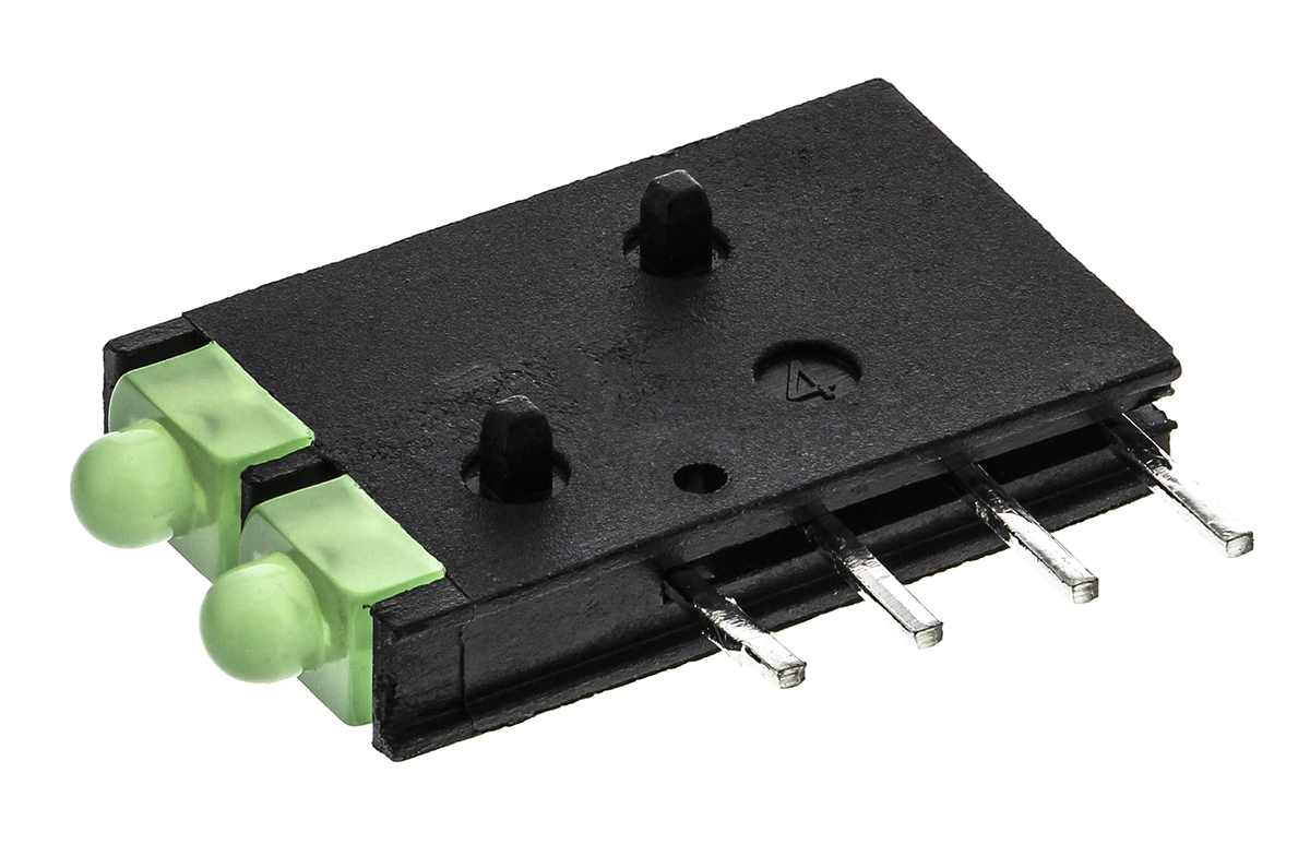 Dialight Green Right Angle PCB LED Indicator, 2 LEDs 5 mm (T-1 3/4) 2.1 V