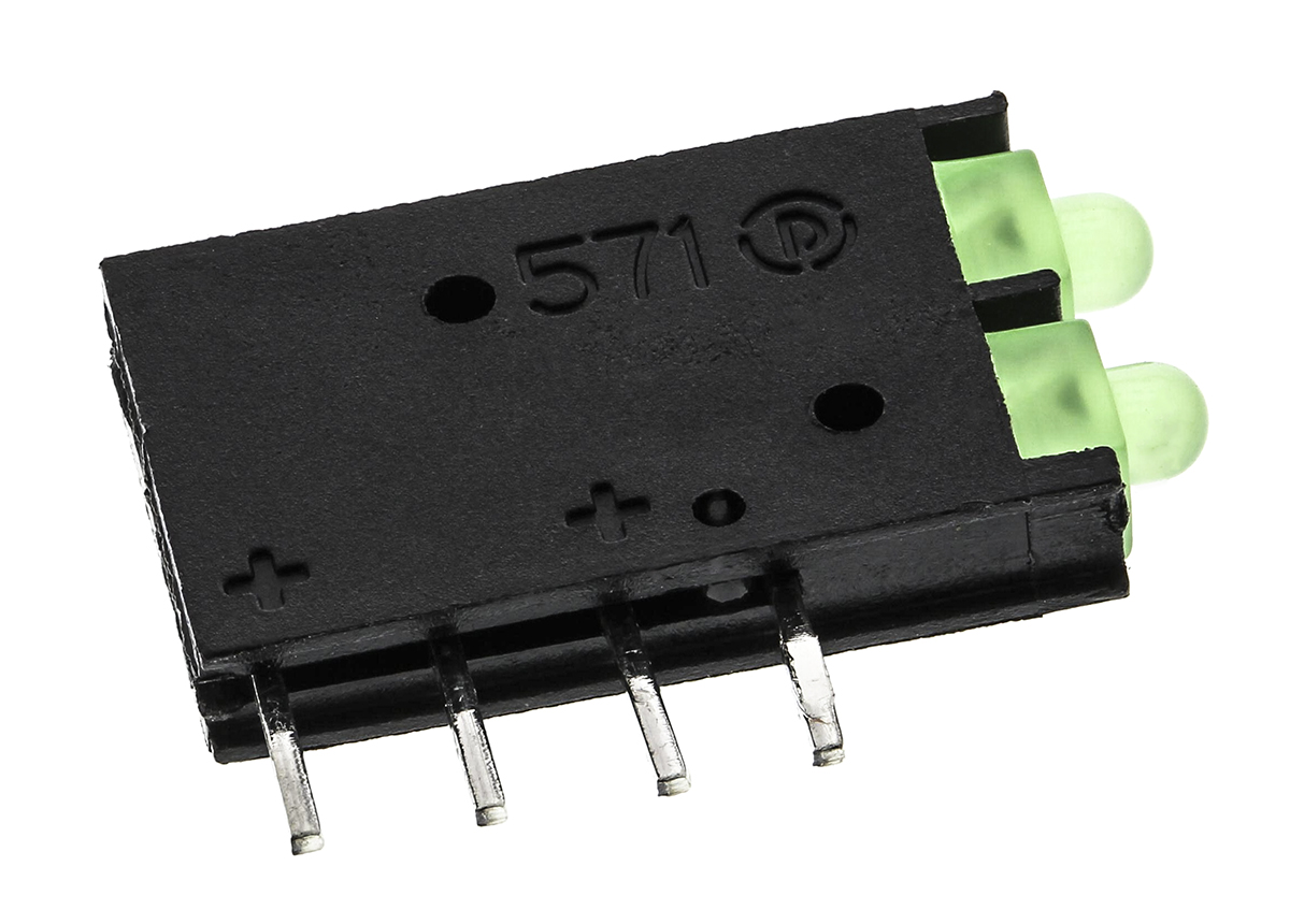 571-0122-100f Dialight Green Right Angle PCB LED Indicator, 2 LEDs 5 mm (T-1 3/4) 2.1 V