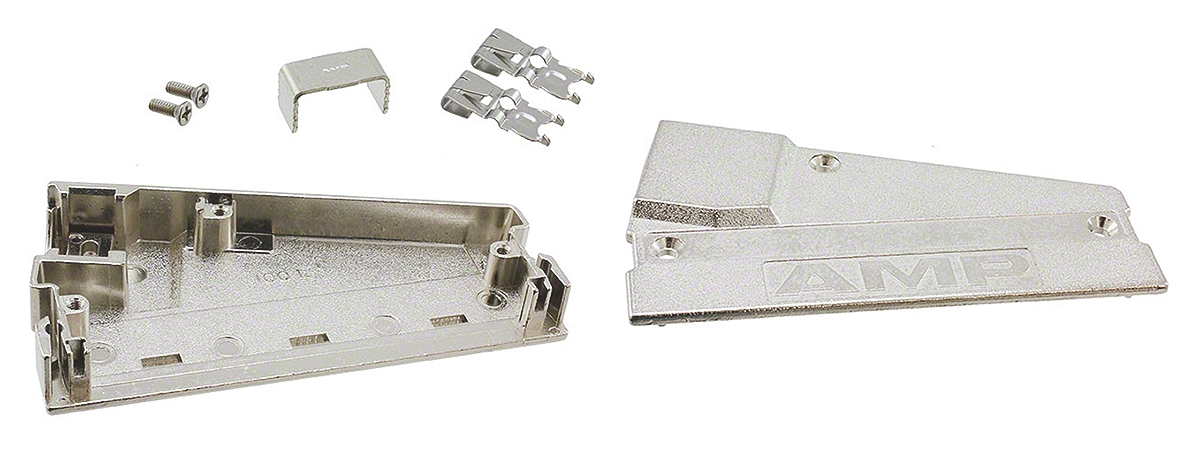 TE Connectivity AMPLIMITE 0.050 Series Zinc Right Angle D-Sub Backshell, 100 Way Strain Relief