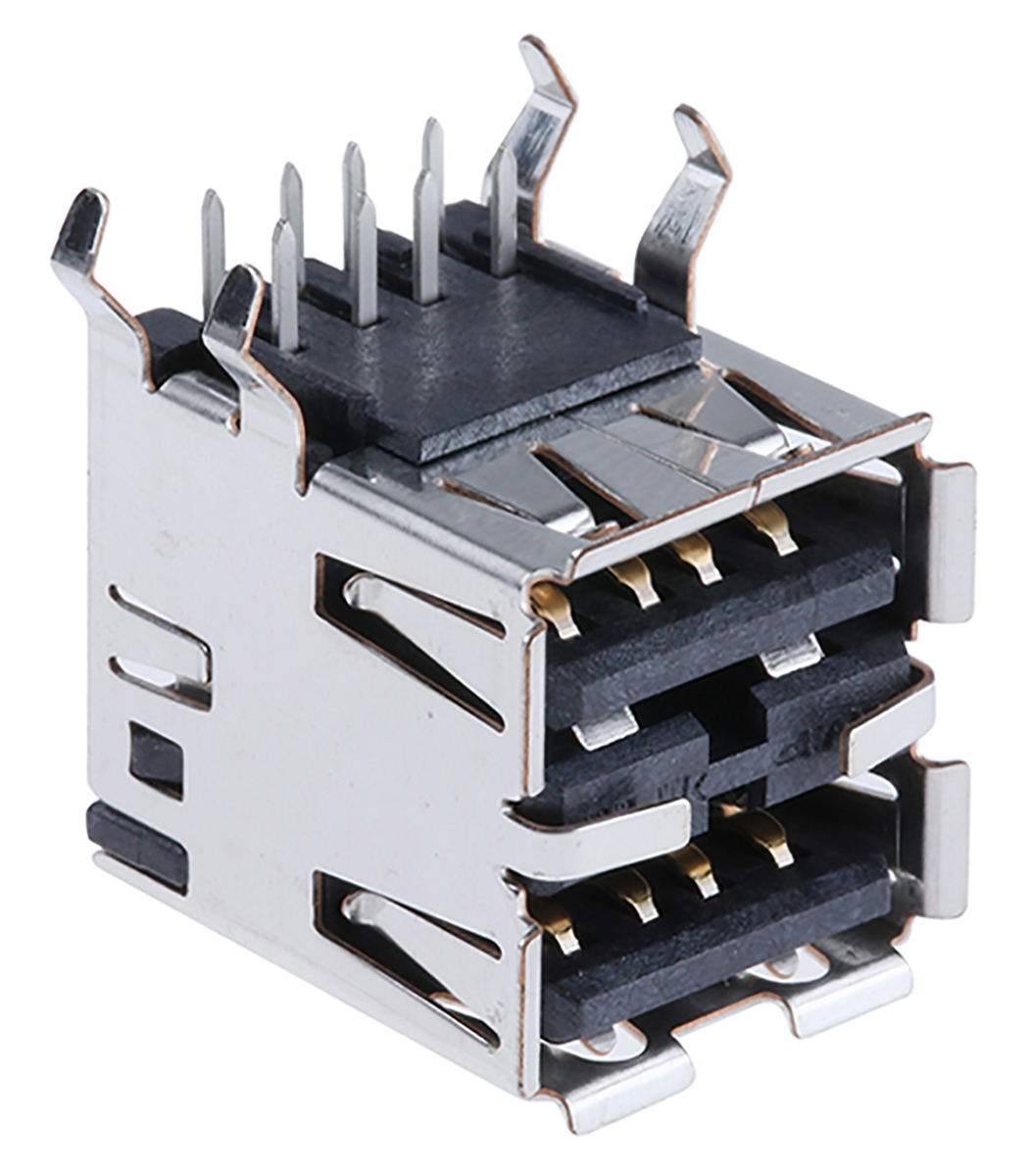 TE Connectivity Right Angle, Through Hole Female- 2 Port Type USB Type A USB Connector USB 2.0