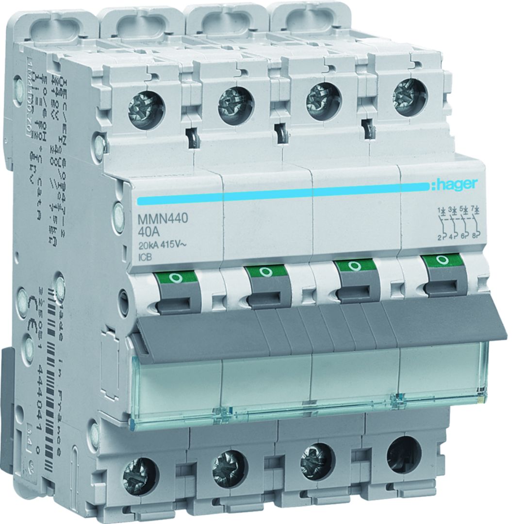 Hager MMN MCB, 4P, 40A, 400V AC, 20 kA Breaking Capacity